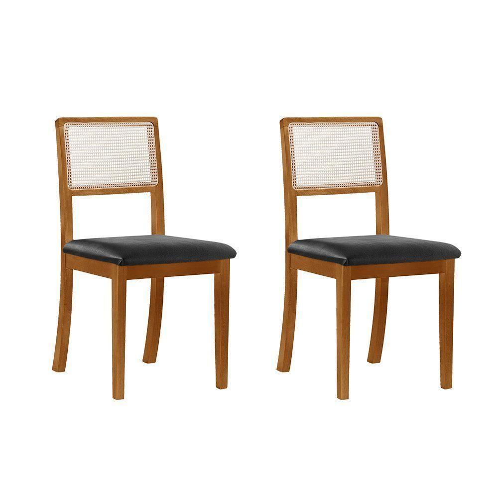 Kit 2 Cadeiras De Jantar Luxo Madeira Maciça Mel Encosto Telinha Palha Estofada Couro Pu Preto Rubi - 1