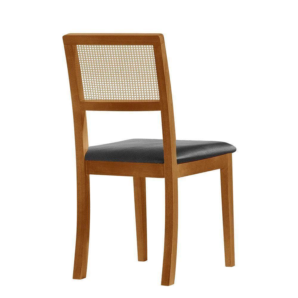 Kit 2 Cadeiras De Jantar Luxo Madeira Maciça Mel Encosto Telinha Palha Estofada Couro Pu Preto Rubi - 4