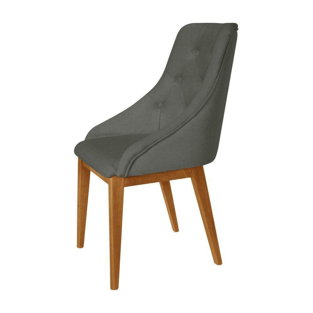 Kit 2 Cadeiras De Jantar Luxo Estofada Elisa Anatômica Capitonê Linho Chumbo Base Madeira Maciça Mel - 3