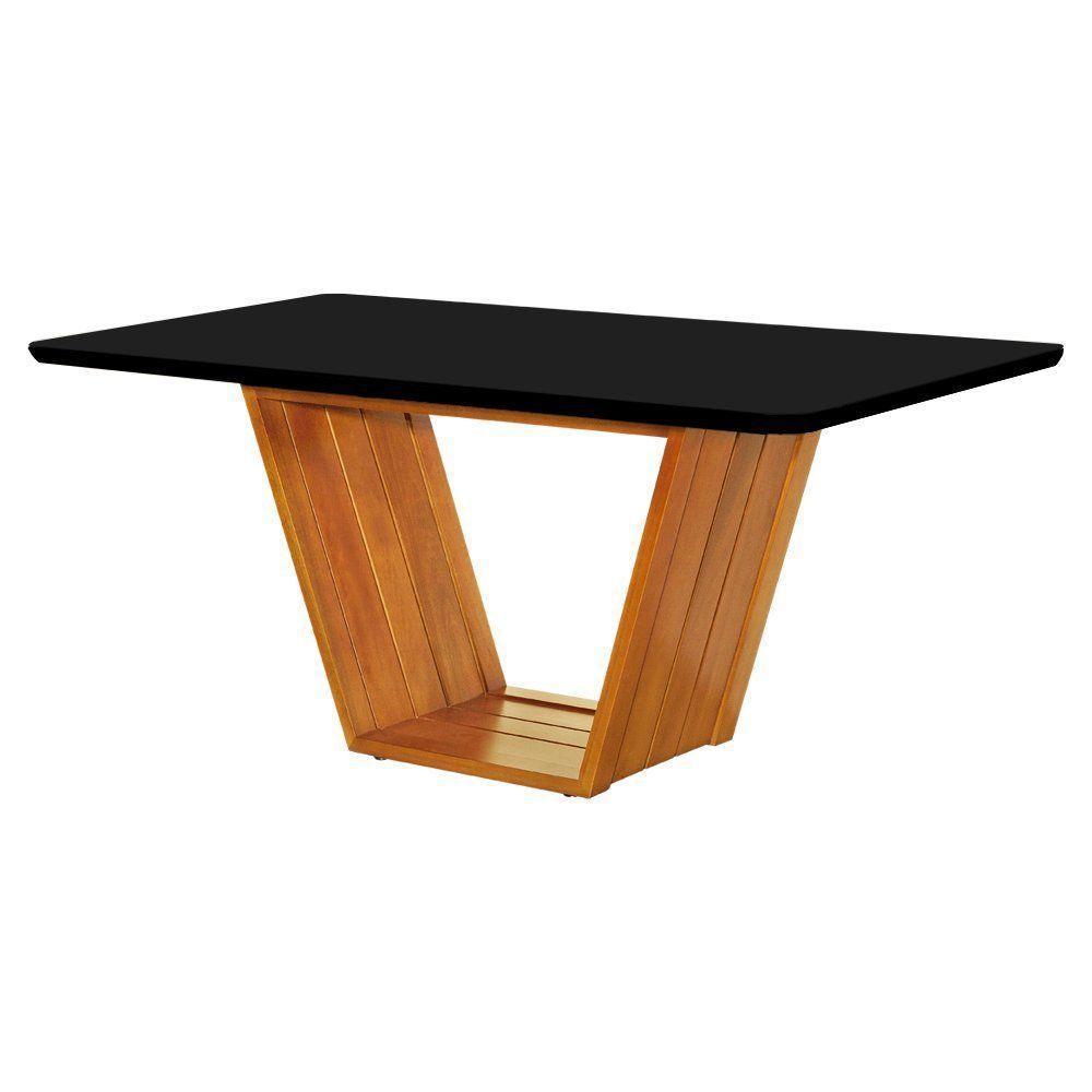 Mesa De Jantar Luxo Retangular 160x90 MDF Vidro Para 6 Lugares Pés Madeira Maciça Safira Mel Preto - 1