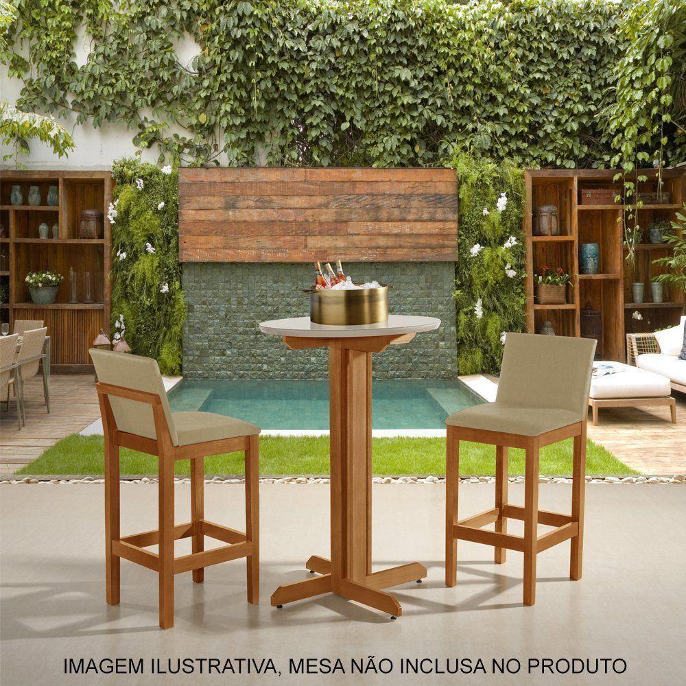 Kit 2 Banquetas Alta Pérola Com Encosto Estofada Em Veludo Bege Madeira Maciça Castanho - 2