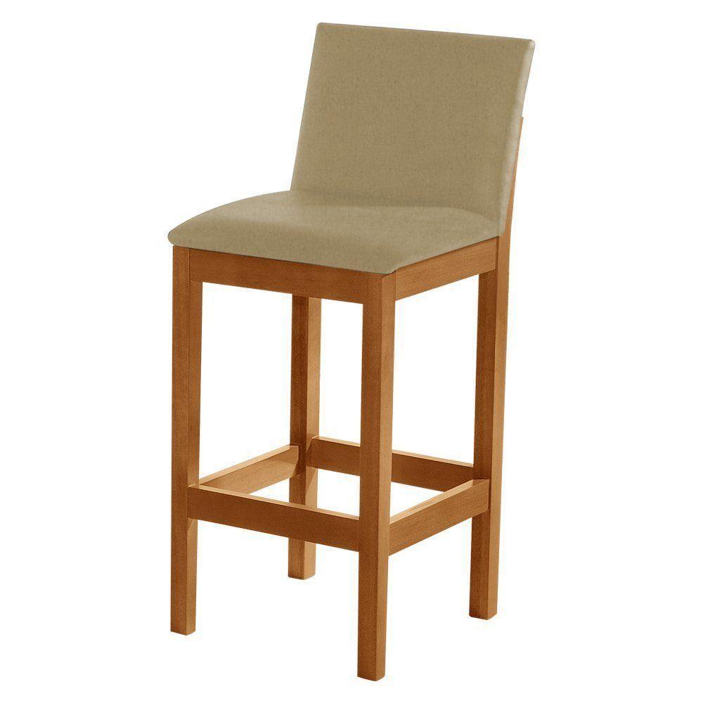 Kit 2 Banquetas Alta Pérola Com Encosto Estofada Em Veludo Bege Madeira Maciça Castanho - 3