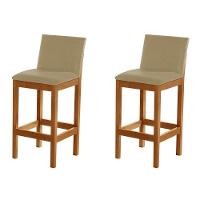 Kit 2 Banquetas Alta Pérola Com Encosto Estofada Em Veludo Bege Madeira Maciça Castanho - 1