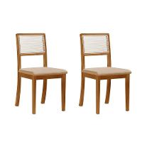 Kit 2 Cadeiras De Jantar Luxo Palha Estofadas Linho Bege Encosto Tela Sextavada Rubi Madeira Maciça - 1