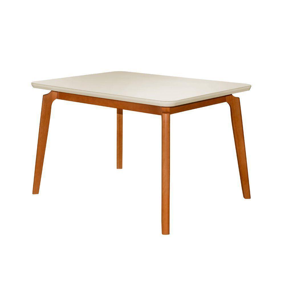 Mesa Jantar Jade Retangular 120x90cm Tampo Chanfrado Off White Base Madeira Maciça Mel - 1
