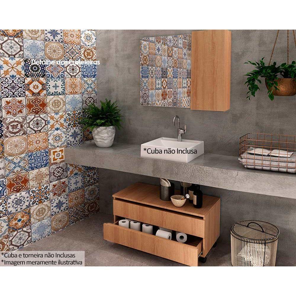 Conjunto De Banheiro Balcão C- Rodizios Bn3603 S- Cuba 80cm E Armário C- Espelho Bn3602 Amêndoa - Tecno Mobili - 1