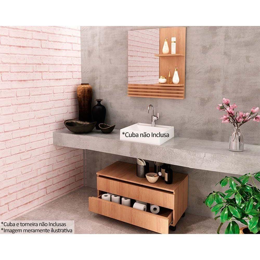 Conjunto De Banheiro Balcão C- Rodizios Bn3603 S- Cuba 80cm E Armário C- Espelho Bn3614 Amêndoa - Tecno Mobili - 1