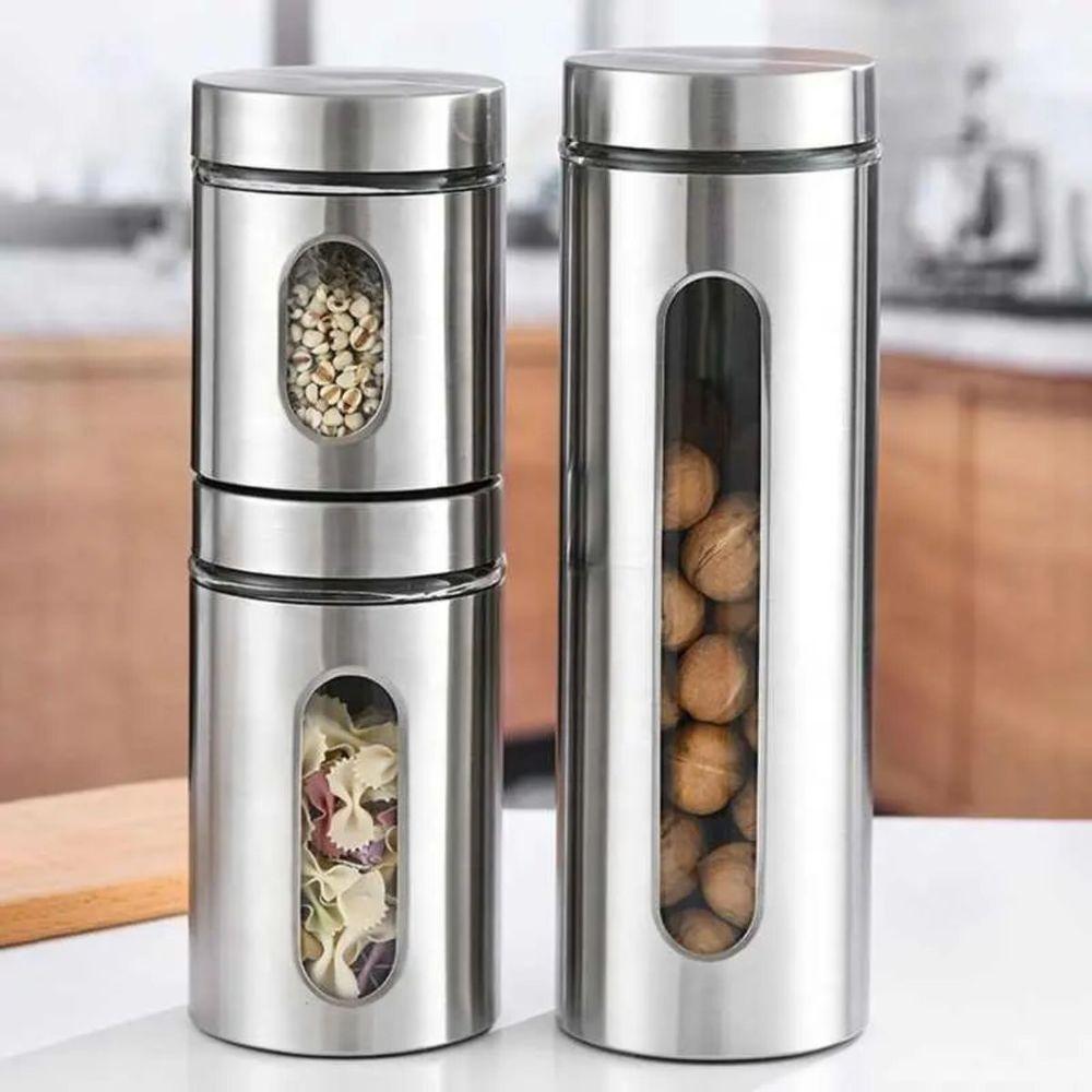 Jogo De 3 Potes Para Mantimentos Vidro E Aço Inox - 3