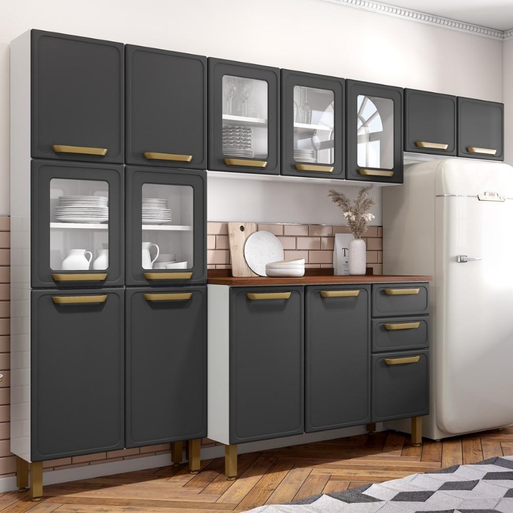 Cozinha Completa Aço com Portas Vidro Bella Bertolini - Grafite/Branco - 1