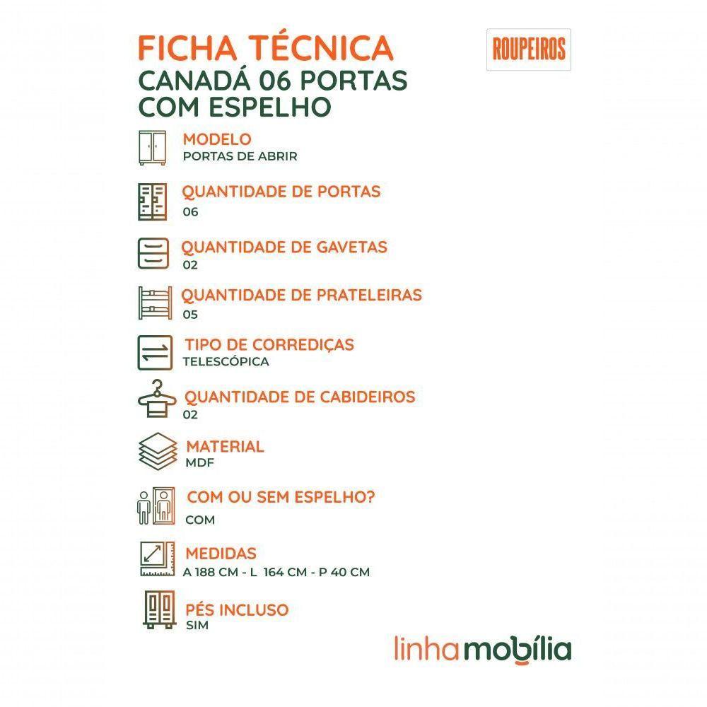 Guarda Roupa Casal Canadá Com Espelho 6 Portas 100% Mdf Linhamobília Branco - 6