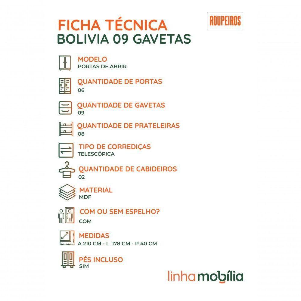 Guarda Roupa Casal Bolívia Com Espelho 6 Portas 9 Gavetas 100% Mdf Linhamobília Branco - 2
