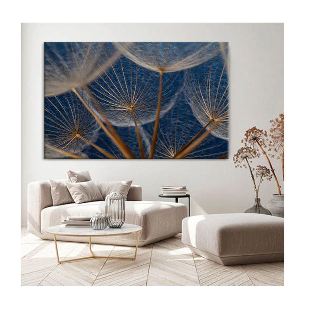 Quadro Folhas e Flores Dente De Leão Em Fundo Azul C- Moldura Preta Tamanho 100 X 70cm - 1