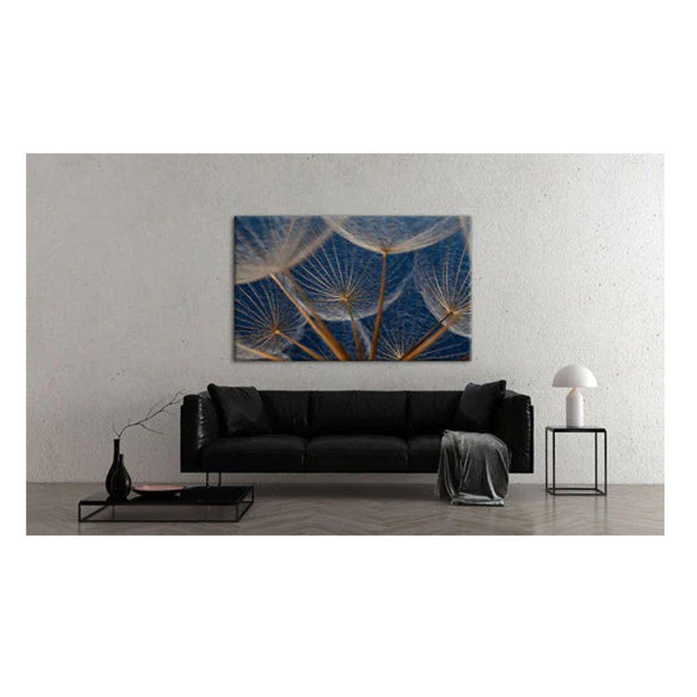 Quadro Folhas e Flores Dente De Leão Em Fundo Azul C- Moldura Marrom Tamanho 120 X 80cm - 2