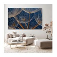 Quadro Folhas e Flores Dente De Leão Em Fundo Azul C- Moldura Marrom Tamanho 90 X 60cm - 1