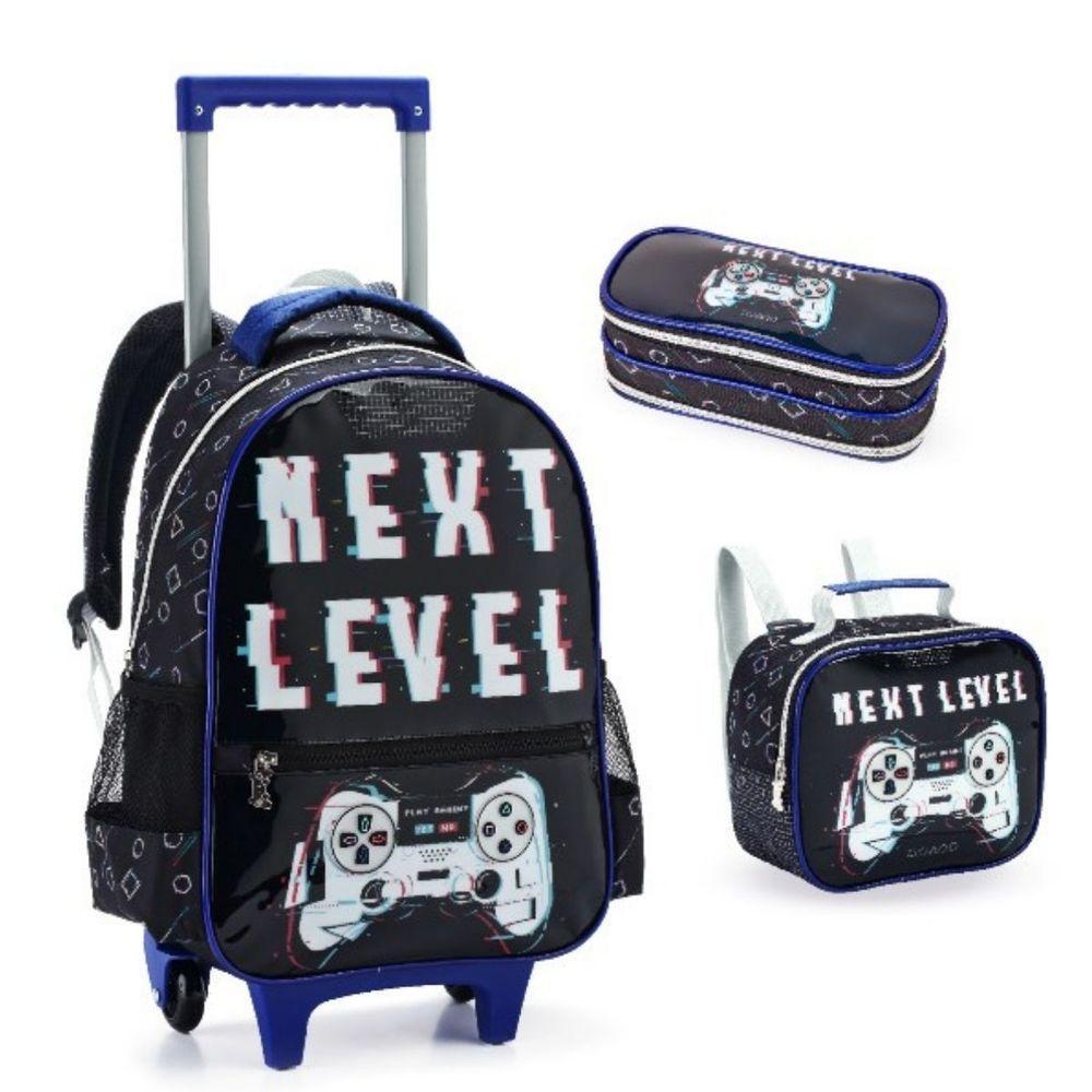 Kit Mochila Rodinha Estojo Lancheira Escolar Infantil Next Level Game Denlex - 1