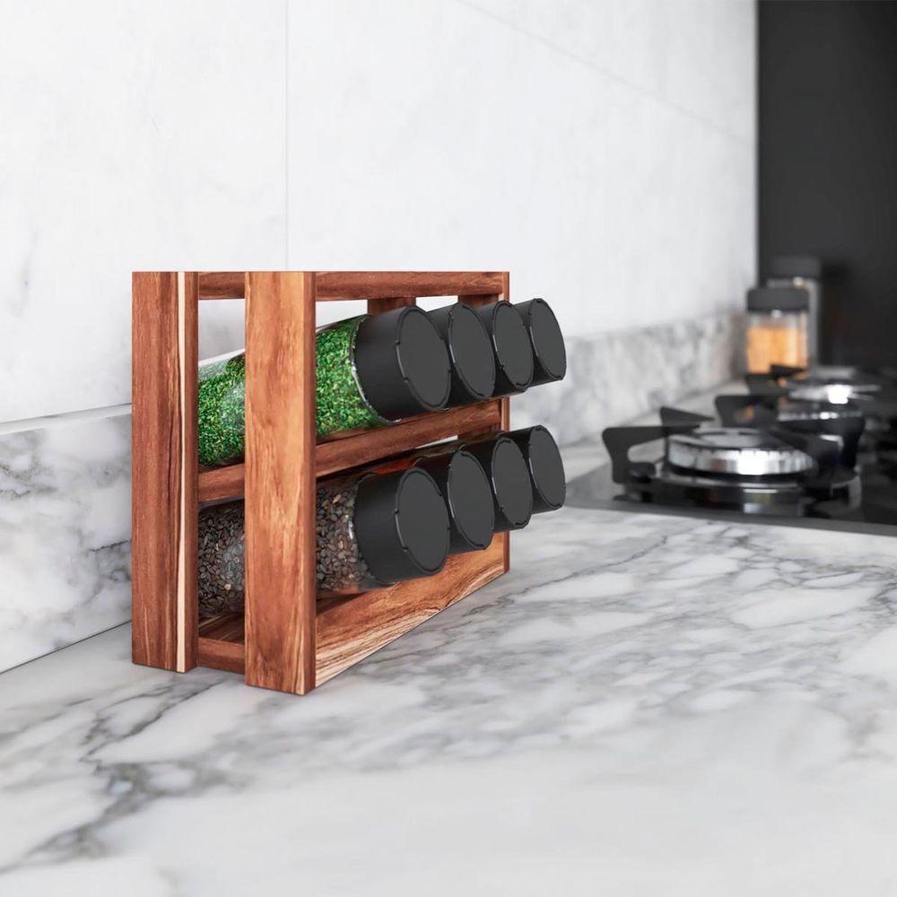Porta Temperos Em Madeira Teca Com 8 Vidros - Stolf - 4
