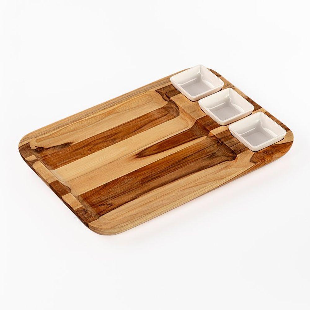 Petisqueira Retangular Em Madeira Com 3 Potes - Stolf - 1