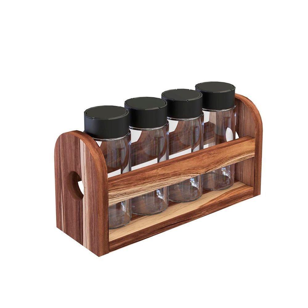 Porta Temperos Em Madeira Teca Com 4 Vidros - Stolf - 1