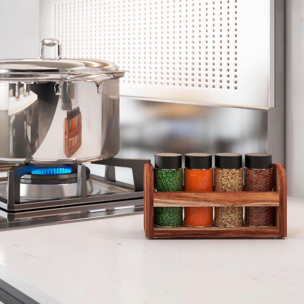 Porta Temperos Em Madeira Teca Com 4 Vidros - Stolf - 4