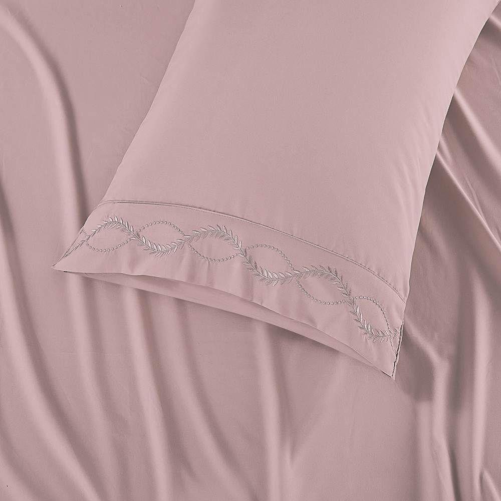 Jogo De Lençol Queen Bordado 300 Fios Romance 4 Peças Cor Malva - 4