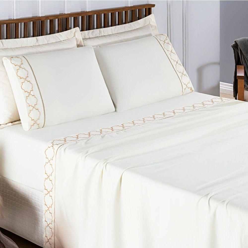 Jogo De Lençol King 300 Fios Bordado Infinity 4 Peças - Palha - 1
