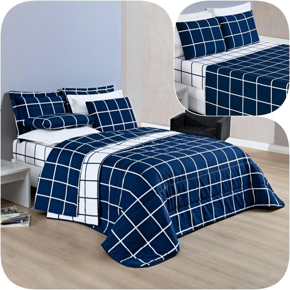 Kit Cobre Leito King Dustin 200 Fios Com Jogo De Lençol - 7 Peças Marinho - 1