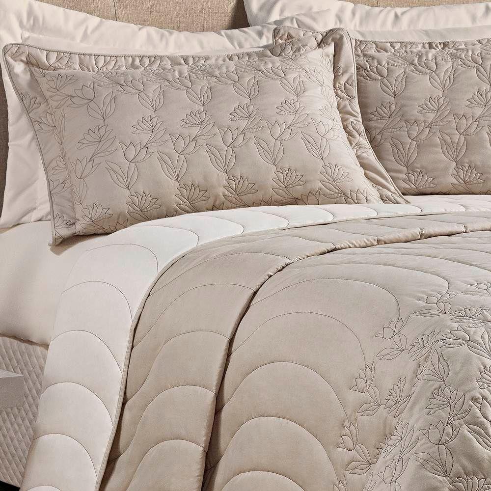 Cobre Leito Queen Amarilis Dupla Face Bordada 5 Peças - Bege - 3