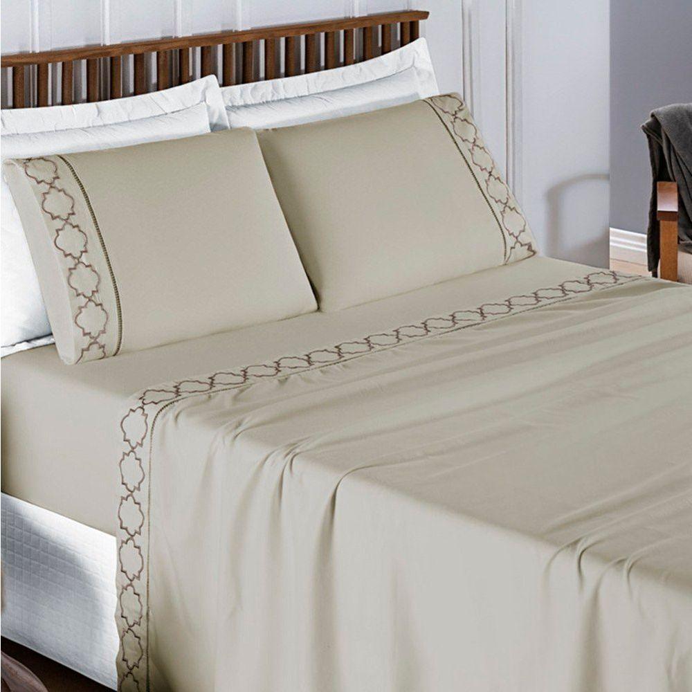 Jogo De Lençol Queen 300 Fios Bordado Infinity 4 Peças - Cáqui - 1