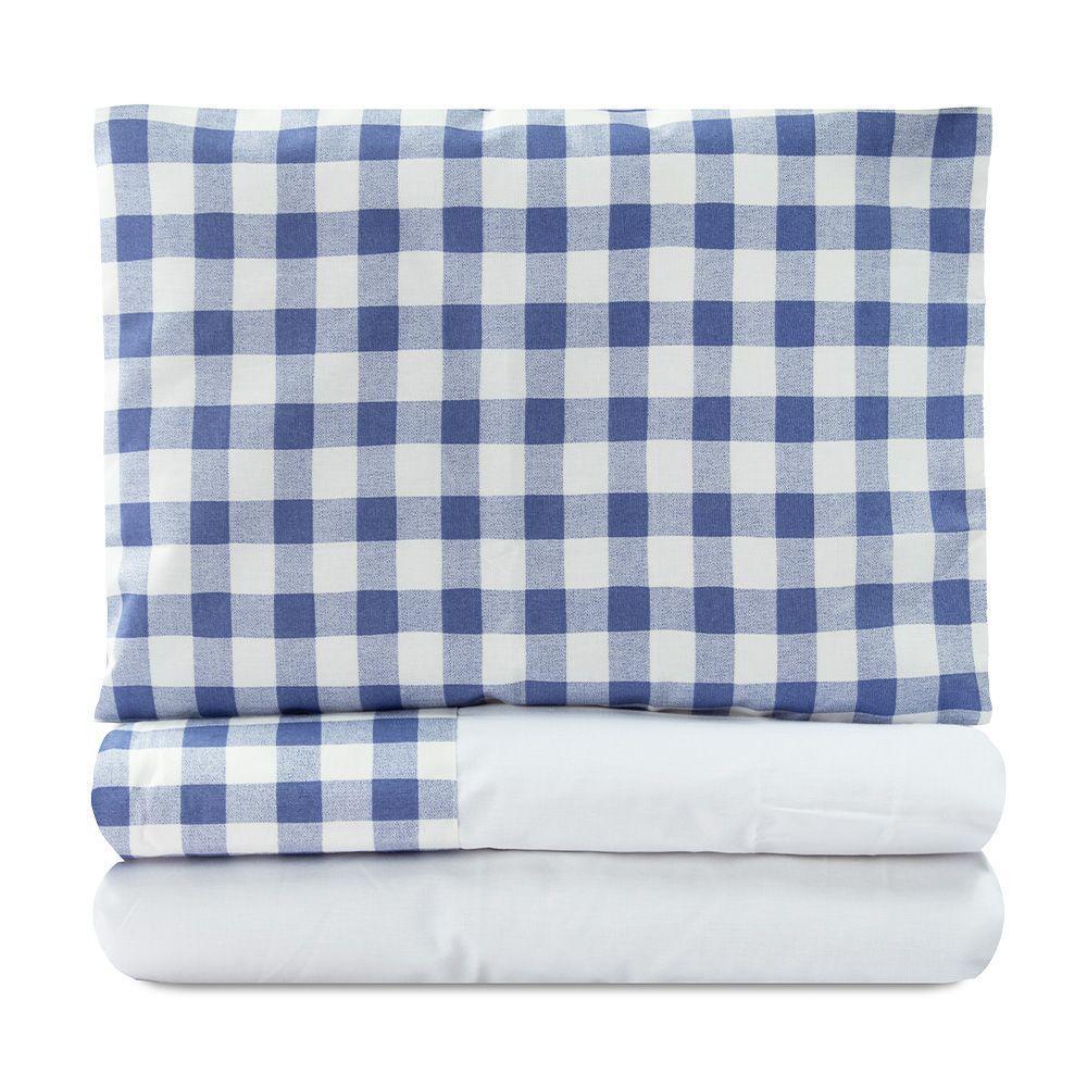 Jogo De Lençol Para Berço Americano 100% Algodão 3 Peças - Xadrez Azul - 1