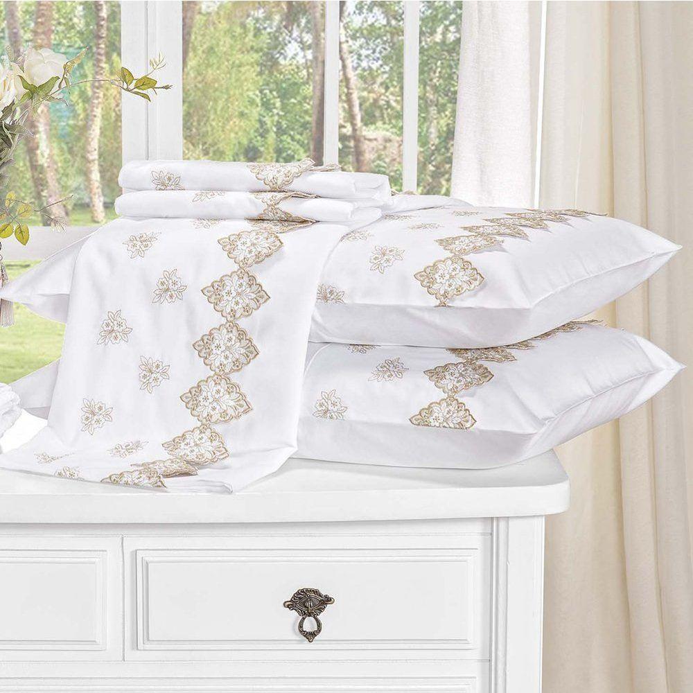 Jogo De Lençol Queen Sensualle Bordado 400 Fios Algodão 4 Peças - Branco - 1
