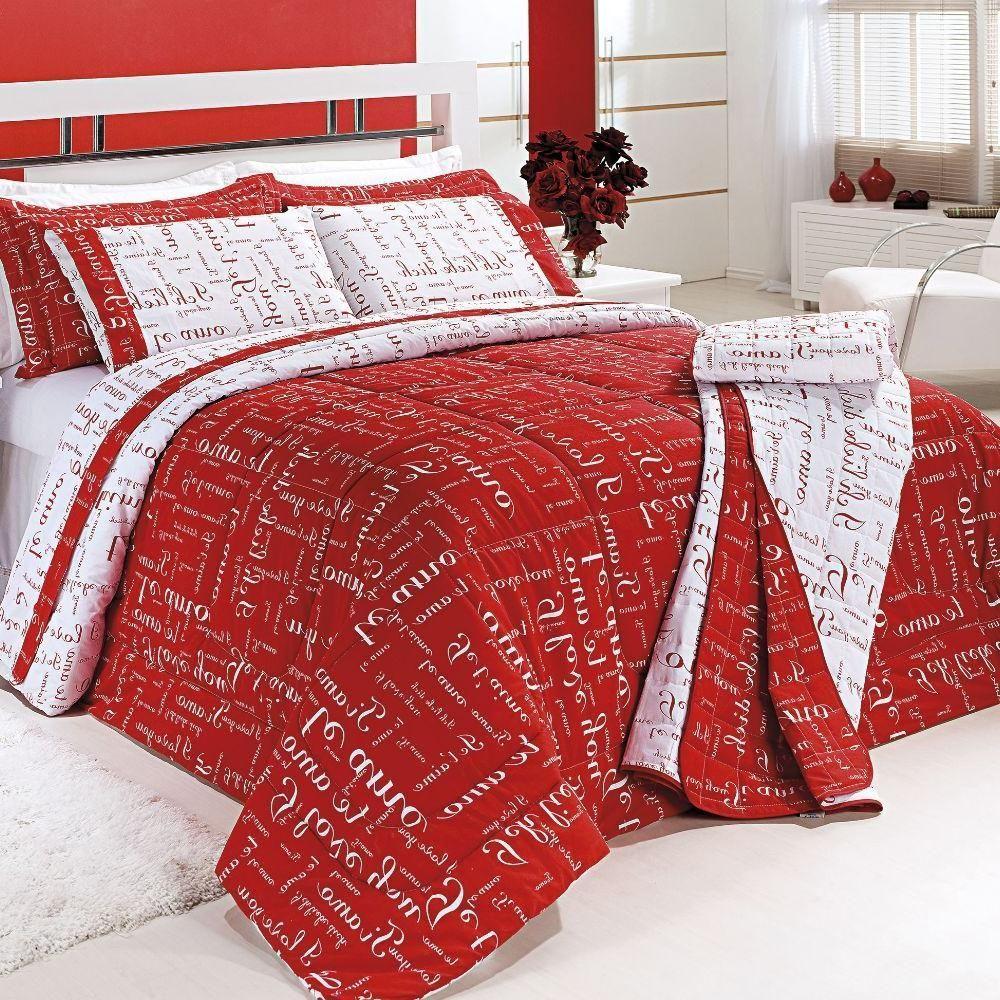 Edredom Queen Te Amo Dupla Face 150 Fios Algodão 5 Peças - Vermelho-branco - 1