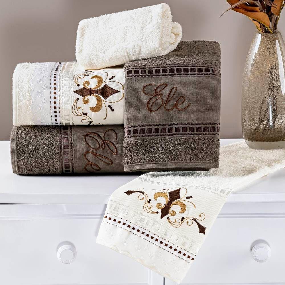 Jogo De Banho Bordado Ponto Russo Algodão 5 Peças - Palha-tabaco - 1