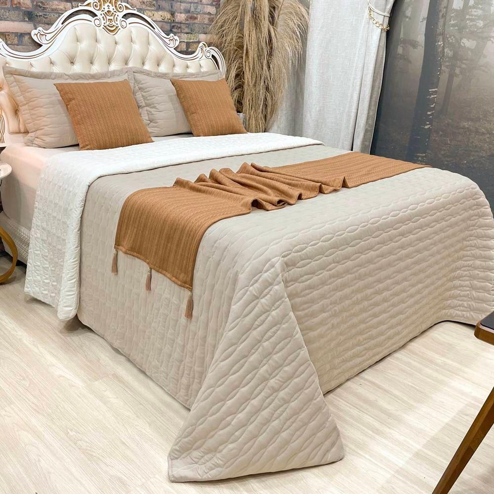 Cobre Leito Queen Decor Dupla Face Com Almofadas E Xale 8 Peças - Caramelo - 1