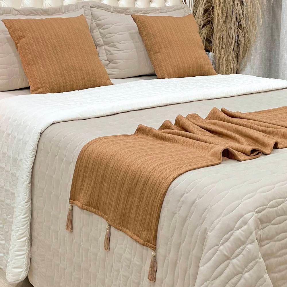Cobre Leito Queen Decor Dupla Face Com Almofadas E Xale 8 Peças - Caramelo - 2