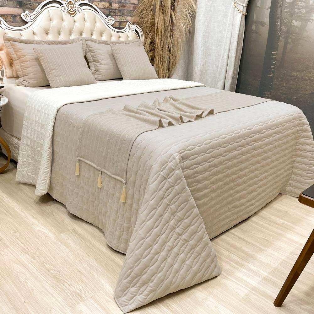 Cobre Leito Queen Decor Dupla Face Com Almofadas E Xale 8 Peças - Bege - 1