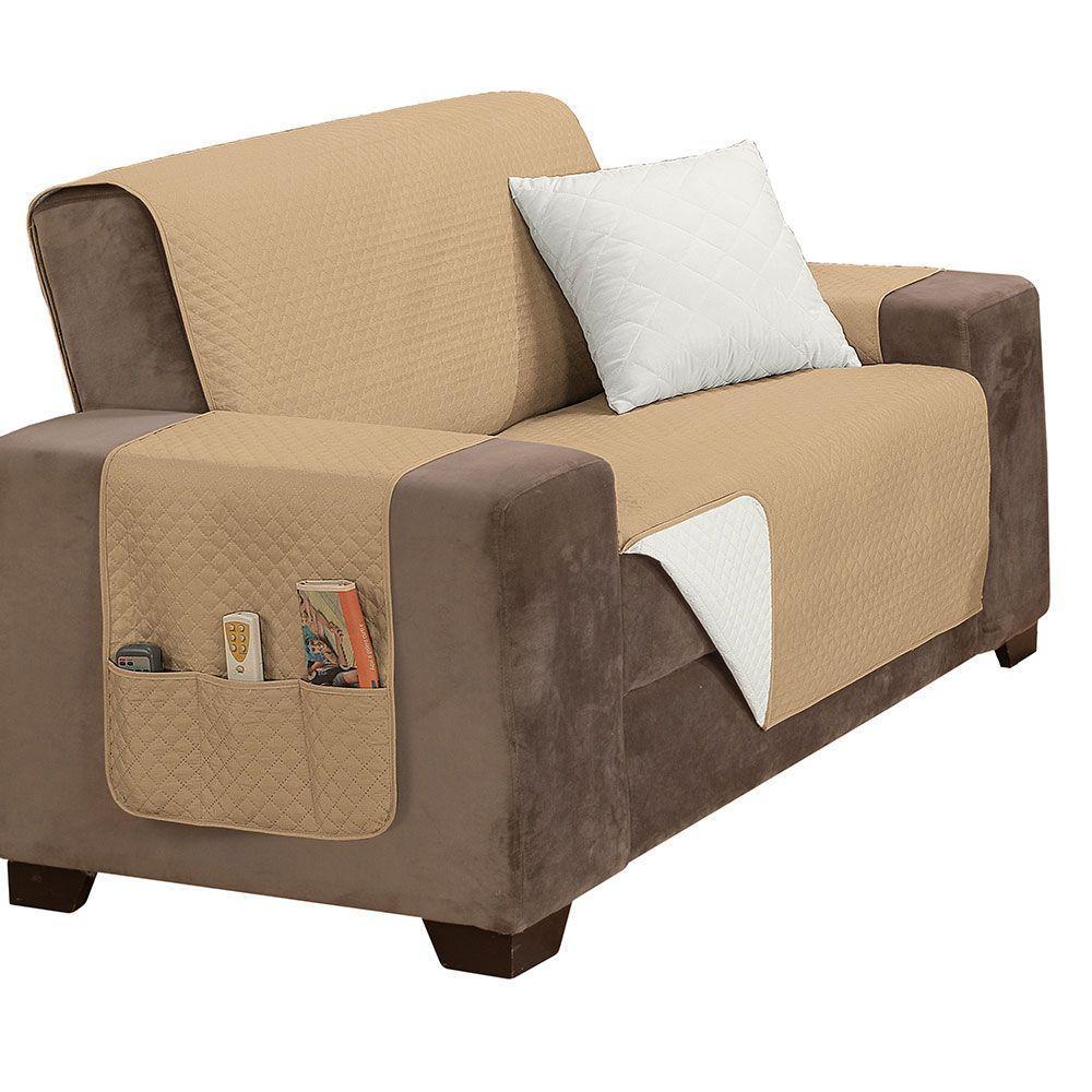 Protetor De Sofá Impermeável Dupla Face 2 Lugares King Microfibra - Cáqui-palha - 1