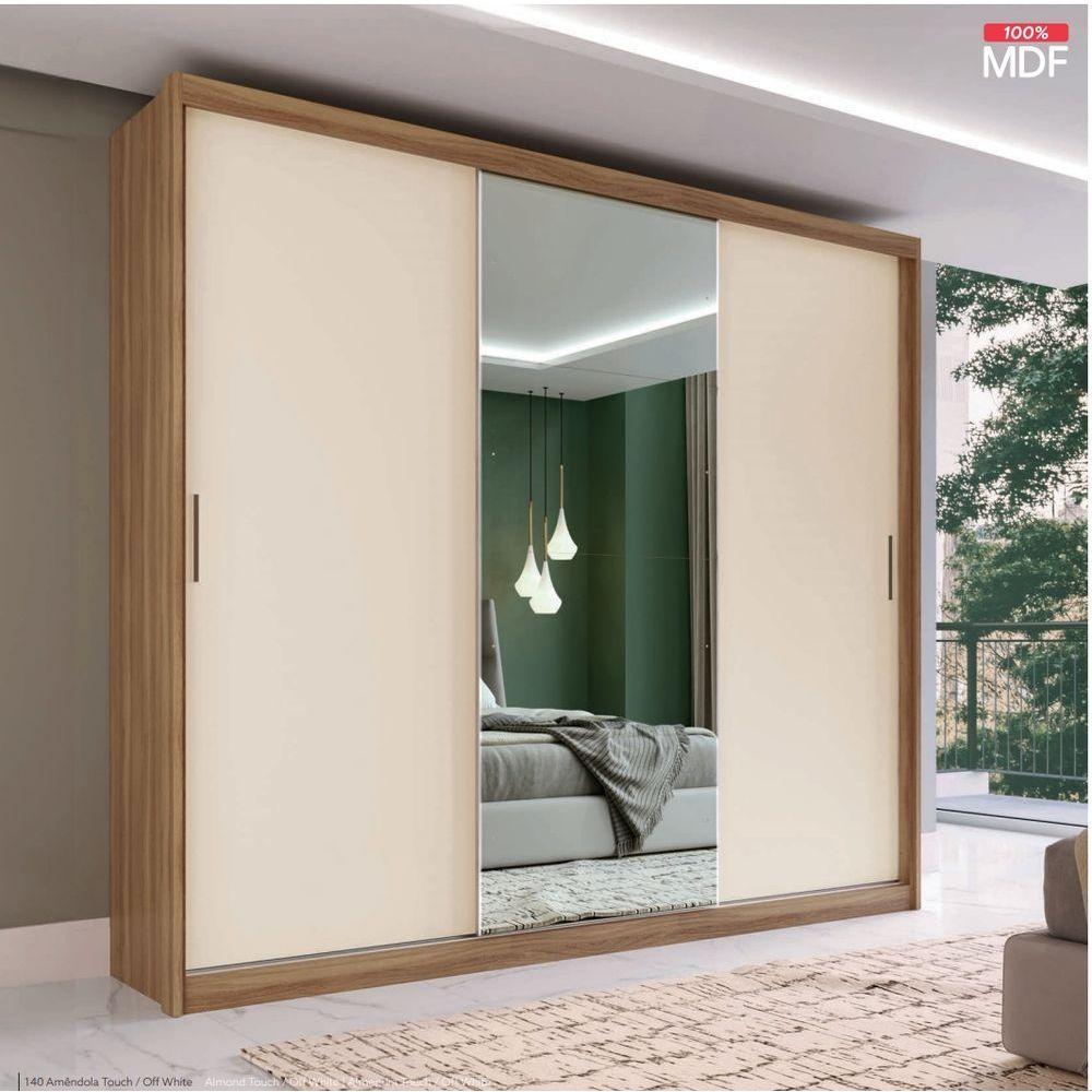 Guarda Roupa Casal Dalila 3 Portas Com Espelho Élpis Móveis Amendoa Touch-off White - 1