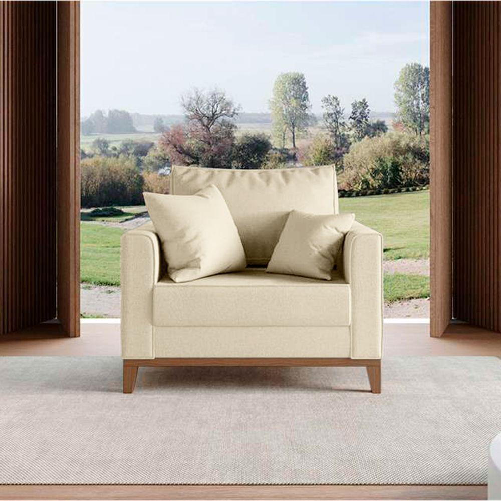 Poltrona Beny Com Pés E Base De Madeira Élpis Móveis Linho Areia - 4