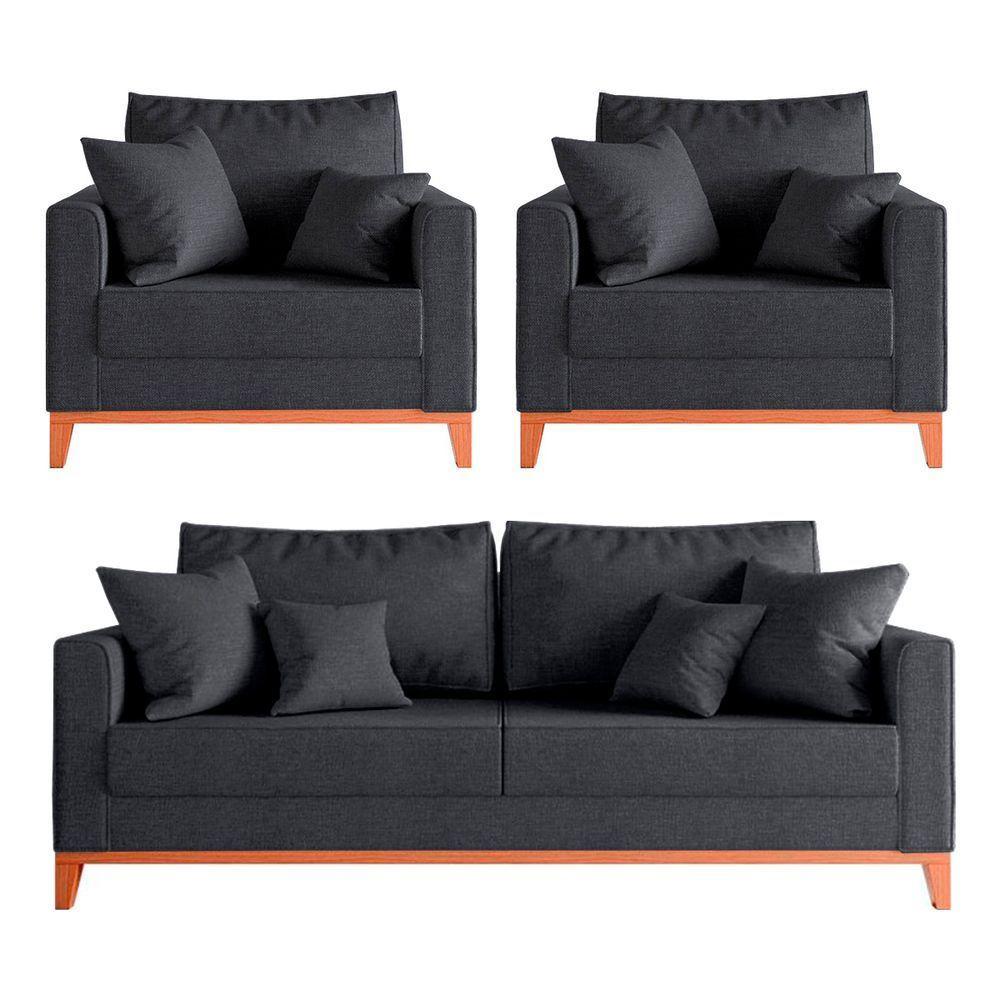 Kit Sofá 2 Lugares E 2 Poltronas Beny Com Base De Madeira Linho Grafite - 1