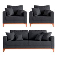 Kit Sofá 2 Lugares E 2 Poltronas Beny Com Base De Madeira Linho Grafite - 1