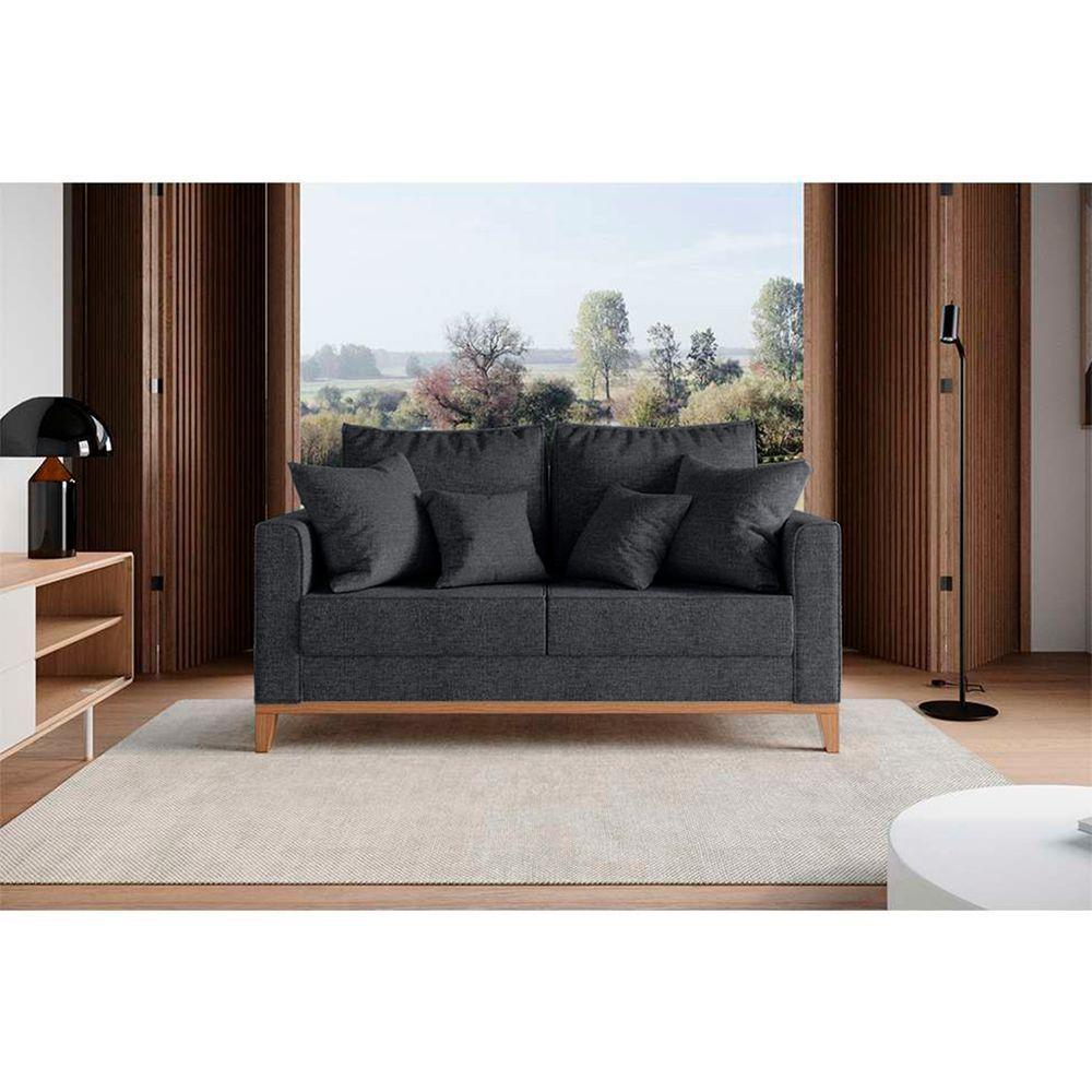 Sofá Beny 2 Lugares Com Base De Madeira Élpis Móveis Linho Grafite - 3