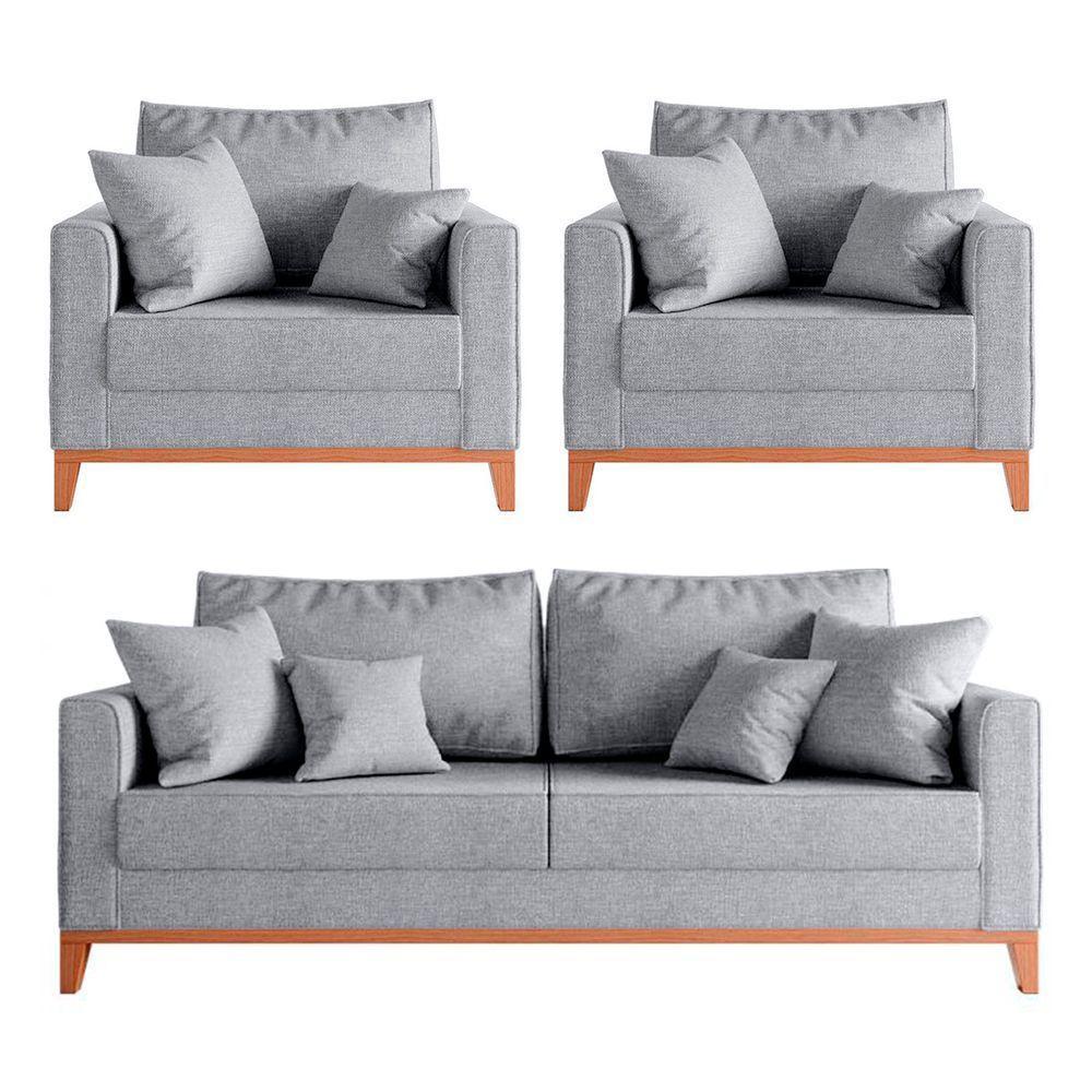 Kit Sofá 2 Lugares E 2 Poltronas Beny Com Base De Madeira Linho Cinza - 1