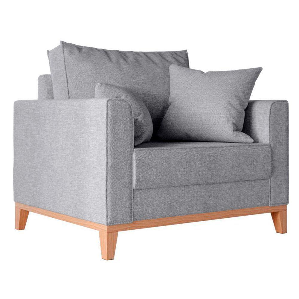 Kit Sofá 2 Lugares E 2 Poltronas Beny Com Base De Madeira Linho Cinza - 2