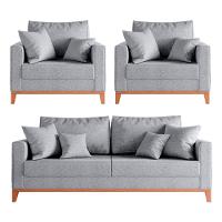 Kit Sofá 2 Lugares E 2 Poltronas Beny Com Base De Madeira Linho Cinza - 1