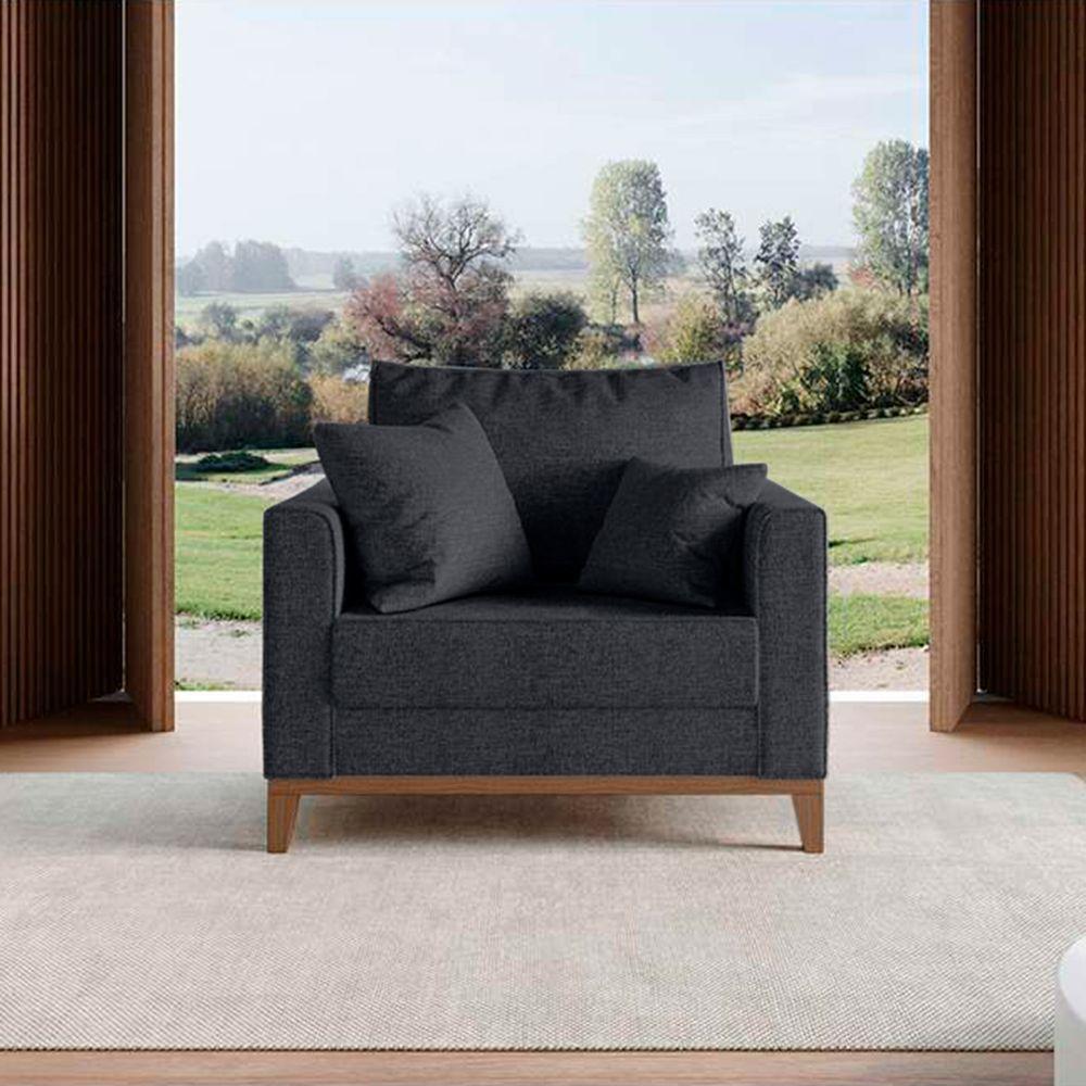 Poltrona Beny Com Pés E Base De Madeira Élpis Móveis Linho Grafite - 4