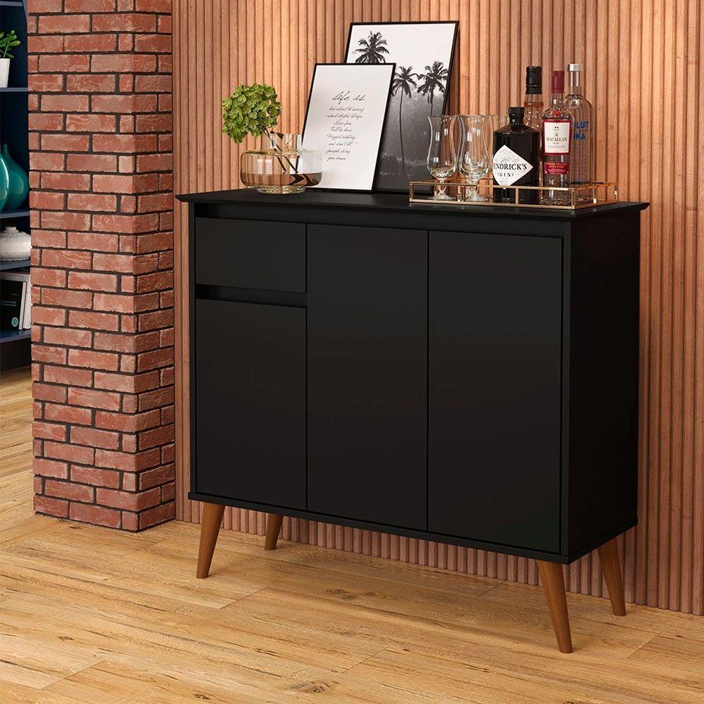 Balcão Buffet Veneza 3 Portas 1 Gaveta 93cm Ej Móveis Preto - 2