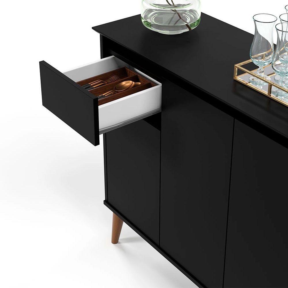 Aparador Buffet Veneza 3 Portas 1 Gaveta 93cm Ej Móveis Preto - 3