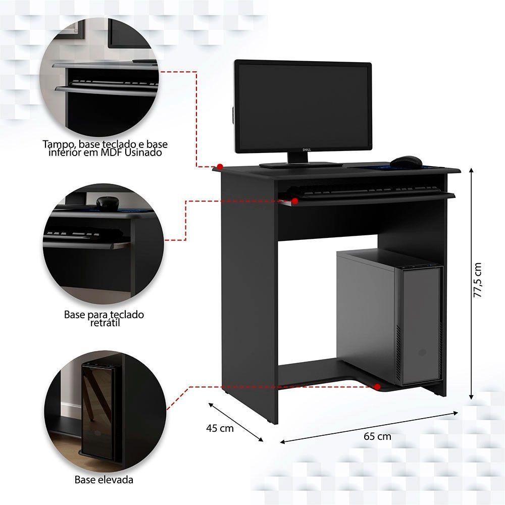 Mesa Escrivaninha Para Computador Prática 65cm Ej Móveis Preto - 4