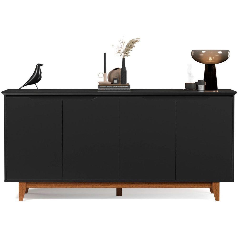 Balcão Buffet Flow 4 Portas Pés Madeira Maciça Ej Móveis Preto - 1