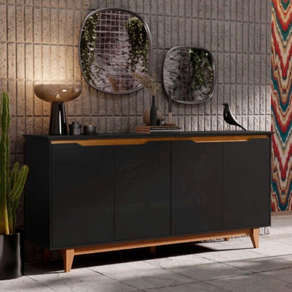 Balcão Buffet Flow 4 Portas Pés Madeira Maciça Ej Móveis Preto - 2